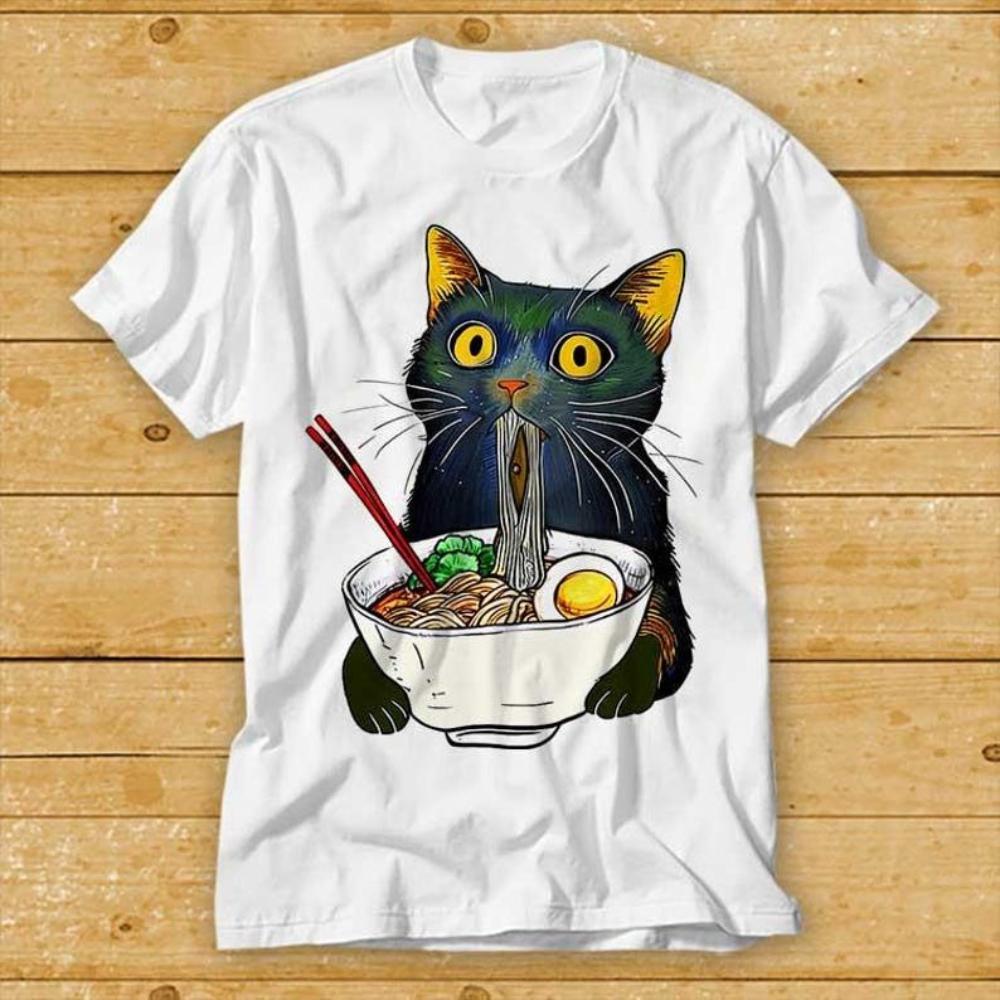 Ramen Noodle Black Cat Foodie Lover Printed Tshirt Woman Man Japanese Harajuku Vintage Tee Cotton T Shirt Shortsleev