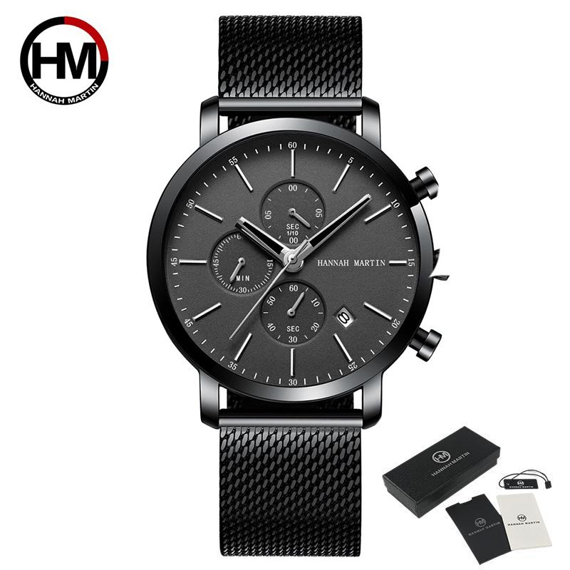 Hannah Martin Men Quartz Watches Top Brand Fashion Multifunction Small Dial Mesh Business Waterproof Wrist Watches