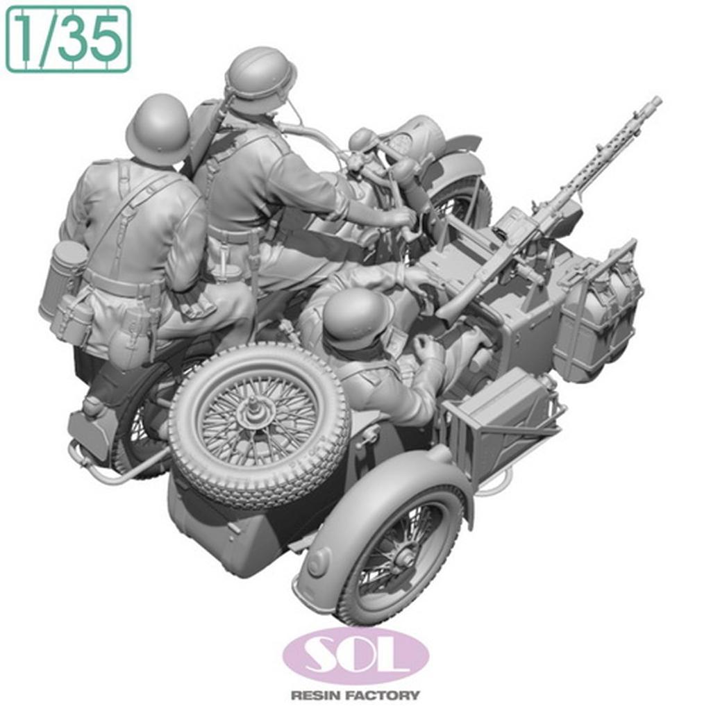 Sol Models WWII German KS750 Military Sidecar with 3 Crew 3D Printed Kit MM879 1/35 Figures, (Motorcycle)