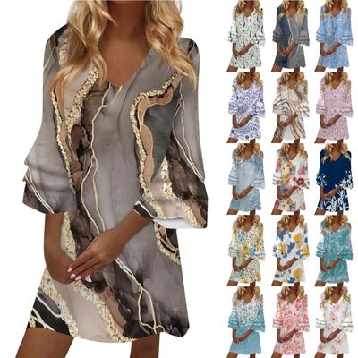 Женское модное темпераментное элегантное платье с v-образным вырезом и рукавами 3/4 со свежим принтом