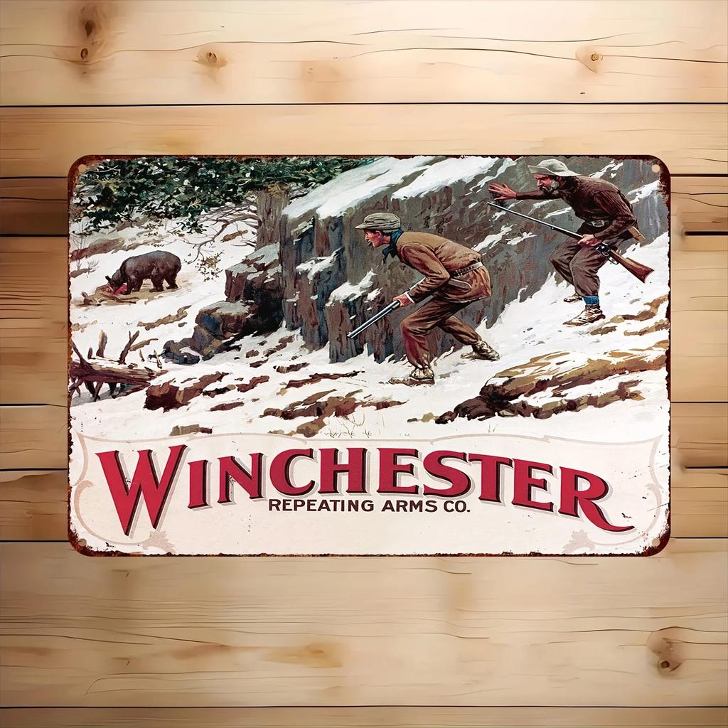 Winchester Vintage Metal Sign Rustic Aluminum Wall Art with Hunting Scene Repeating Arms Co Design for Garage for Man Cav
