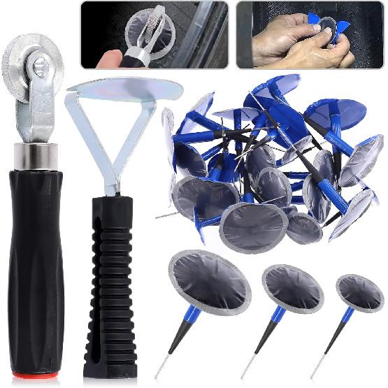 Glarks 26Pcs Tire Repair Patch Tool Kit Including 1Pc Tire Patch Roller, 1Pc Tire Inner Liner Scraper and 24Pcs 4mm/6mm/9mm Tire Repair Patch Plug