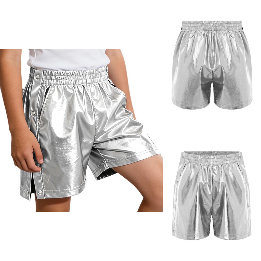 Children‘s Hip Hop Dance Shorts Metallic Finish Elastic Waistband Tear Away Side Buttons with Pockets for Stage Recital