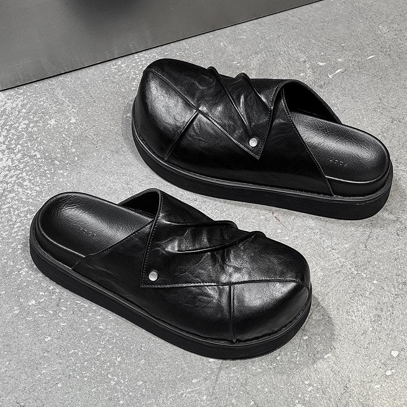 Japanese retro design sense handmade Birkenstock men's shoes half tray big round head men's casual slippers