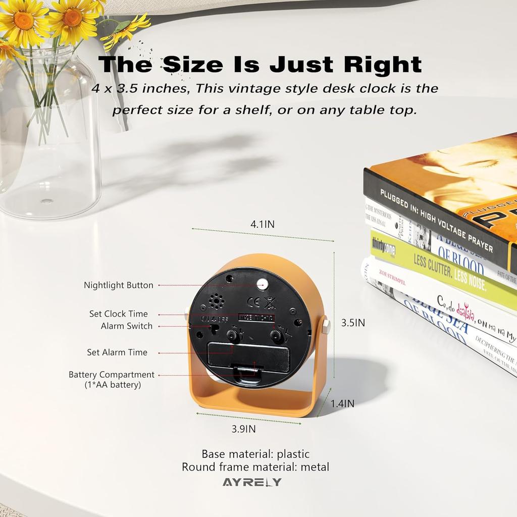 3.5 Inch Analogue Alarm Clock Silent Non-Ticking Bedside Clock Adjustable Angle Desk Clock with Light
