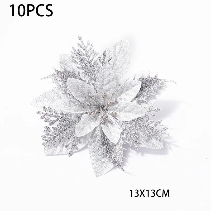 10 шт. Рождественский цветок, блестящий золотой порошок, блестки, украшение на рождественскую елку, праздничная вечеринка, домашний цветочный рождественский венок, домашний декор