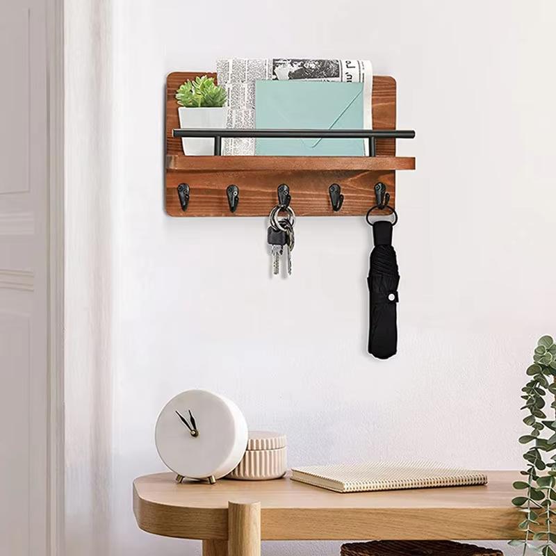 Держатель для почты и ключей на стену, декоративная деревянная настенная полка с 5 крючками, настенная стойка с полкой, органайзер для ключей, крючки для входа
