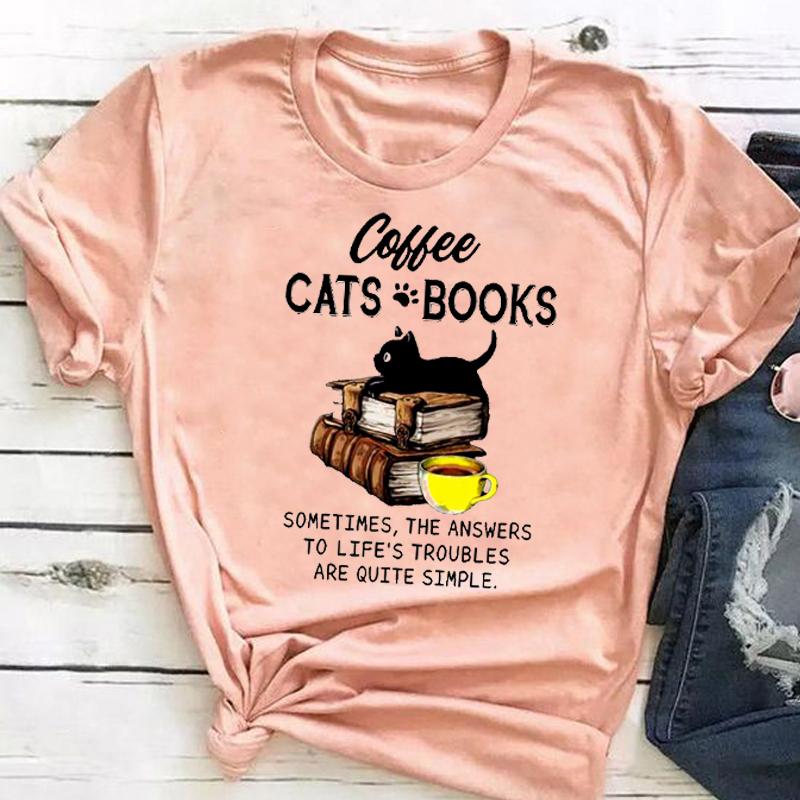 (Азиатский размер) Женская футболка с рисунком Cat Books Love Sweet Trend, модная повседневная футболка с коротким рукавом и принтом, летний топ, женская женская футболка, одежда