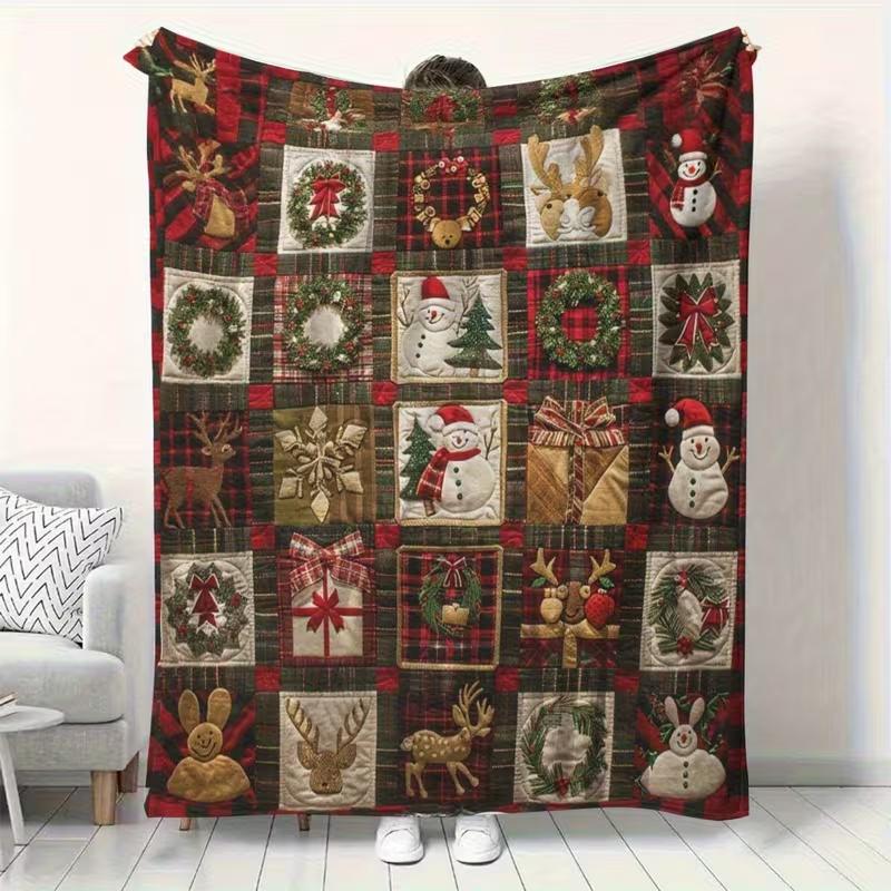 Christmas Patchwork Blanket - Soft Flannel All-Season Red Tartan Throw with Snowman, Reindeer Cozy Bedspread, Sofa Cover Blanket