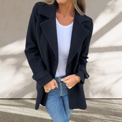 Осень-зима Женская куртка с отложным воротником, средней длины, однобортная, однотонная, с ложными карманами, для повседневной носки на работу