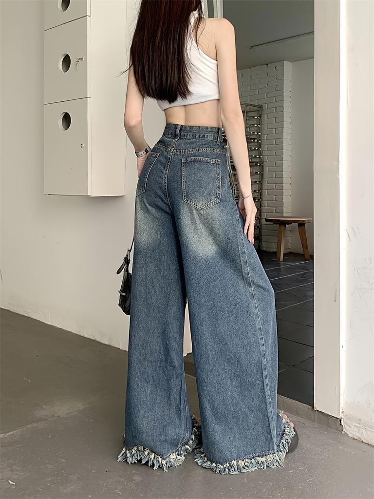 Мешковатые джинсы с потертым краем, свободные джинсы с высокой талией и широкими штанинами в стиле ретро, ​​женские джинсовые джинсы и одежда