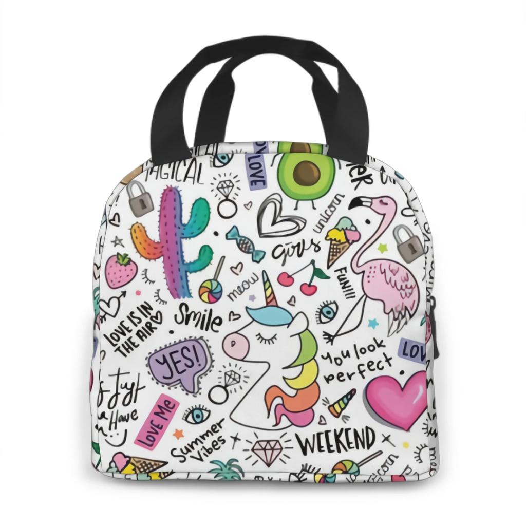 Fun Doodle With Unicorn Flamingo Cactus Pineapple Insulated Lunch Bag Lunch Box Containers for Women Men Office School Picnic
