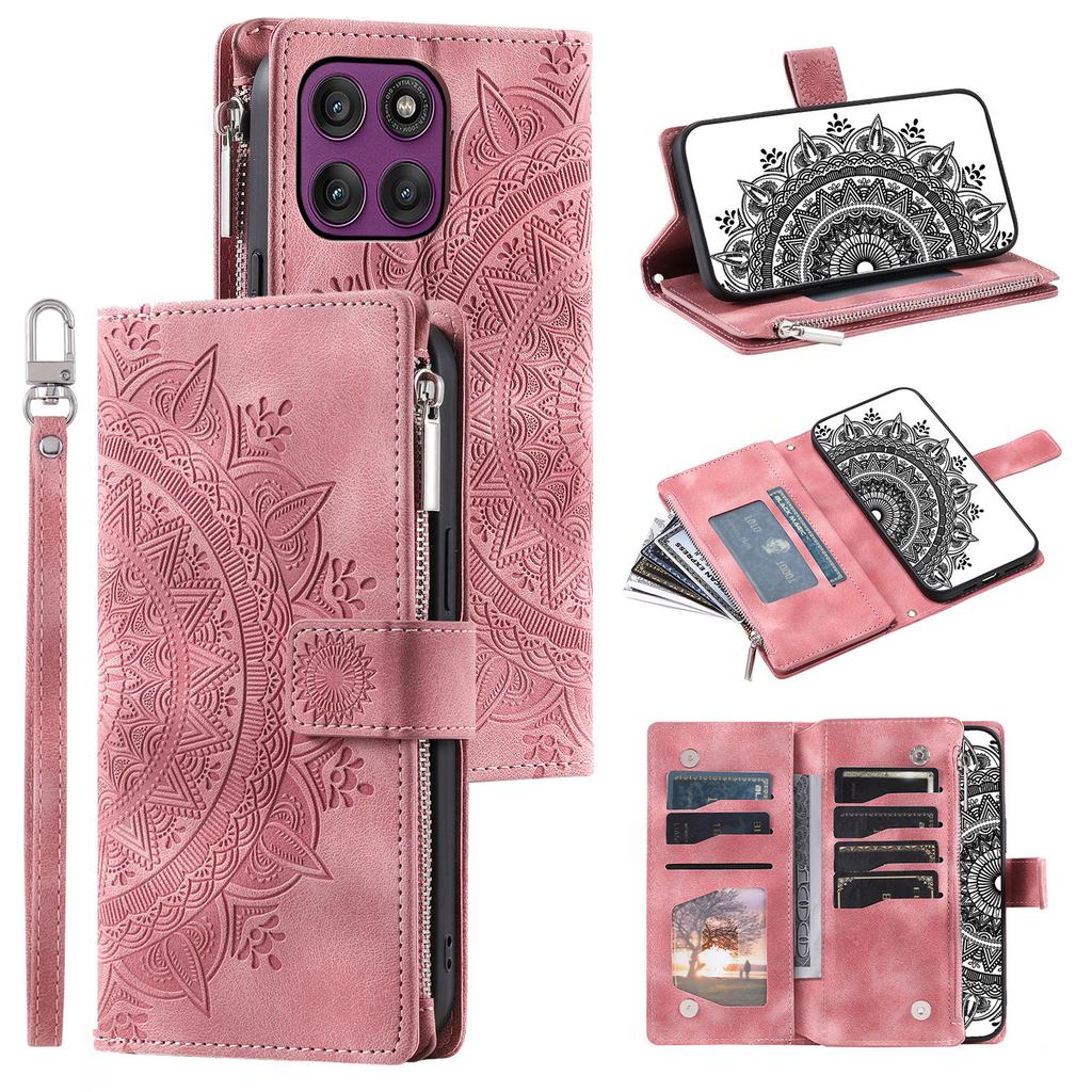 For Motorola Moto G56 5G Wallet Case Mandala Flower Pattern PU Leather Phone Cover with Wrist Strap