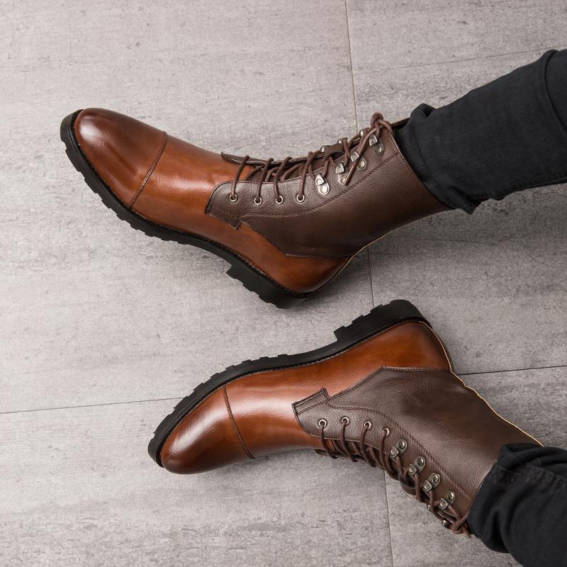 38-48 Denim Boots Men Brown Spliced High Cut Lace Up Business Fashionable High-quality Chelsea Boots Outdoor Training Boots