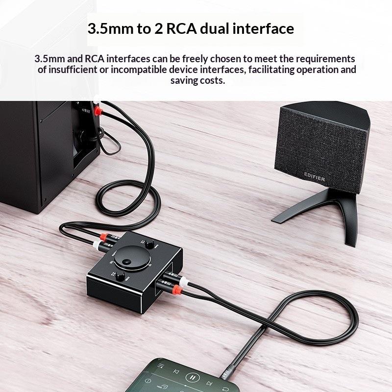 3,5-мм стереофонический двунаправленный аудиопереключатель RCA с 1 входом и 2 выходами или 2 входами и 1 выходом. 3,5-мм аудиопереключатель RCA с кнопкой отключения звука.
