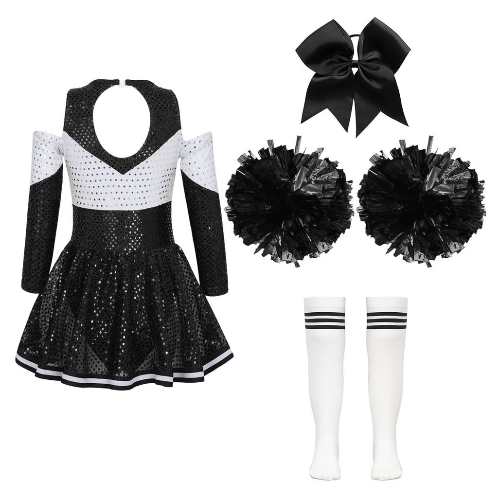 Girls Sparkling Cheerleading Outfit Off Shoulder Sequin Dress Long Sleeve Bow Headwear Hand Accessories Sport Socks