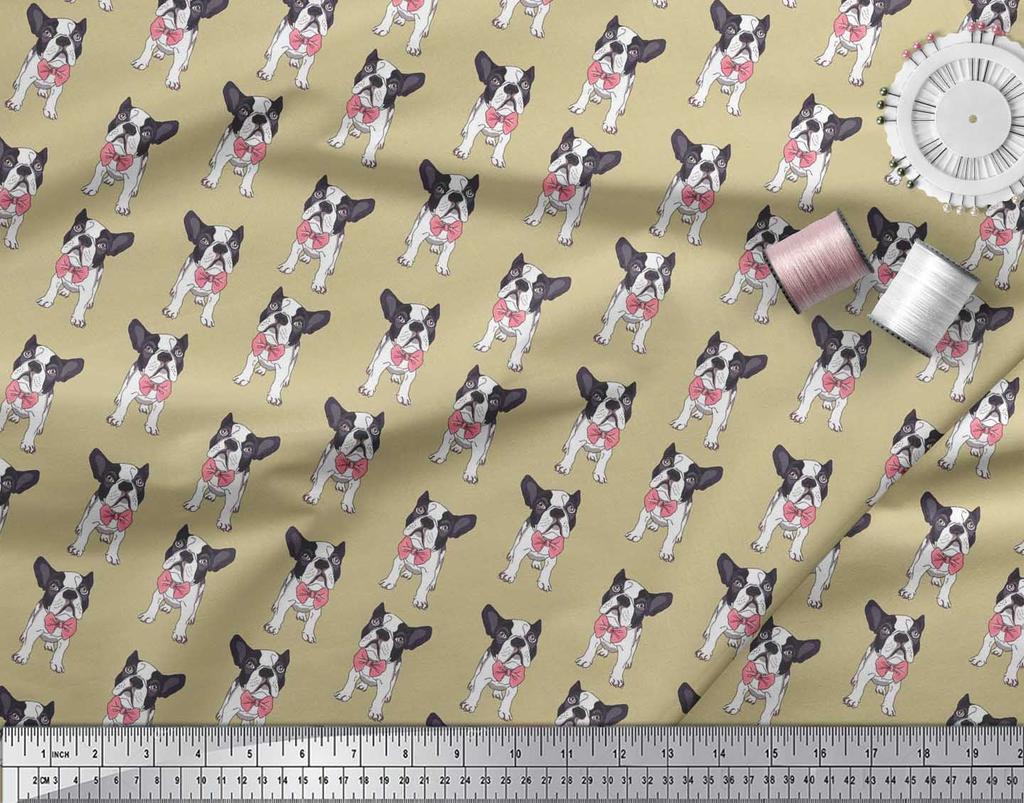 Soimoi Japan Crepe Satin Fabric Bow & Boston Terrier Dog Print Fabric by the Metre 42 Inch