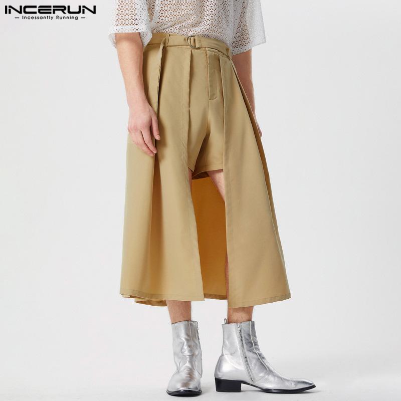 INCERUN Men Solid Color Zipper Up Belted Shorts Skirts Irregular Kilts