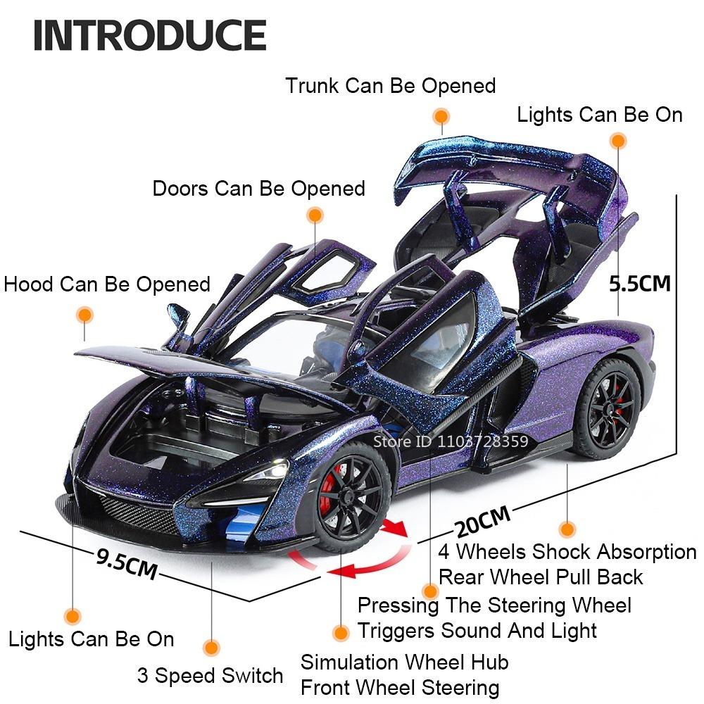 1:24 Huayra Senna Toy Car Spray Supercar Models Metal Diecast Doors Opened Front Wheel Steering Shock Absorption for Kids Gifts