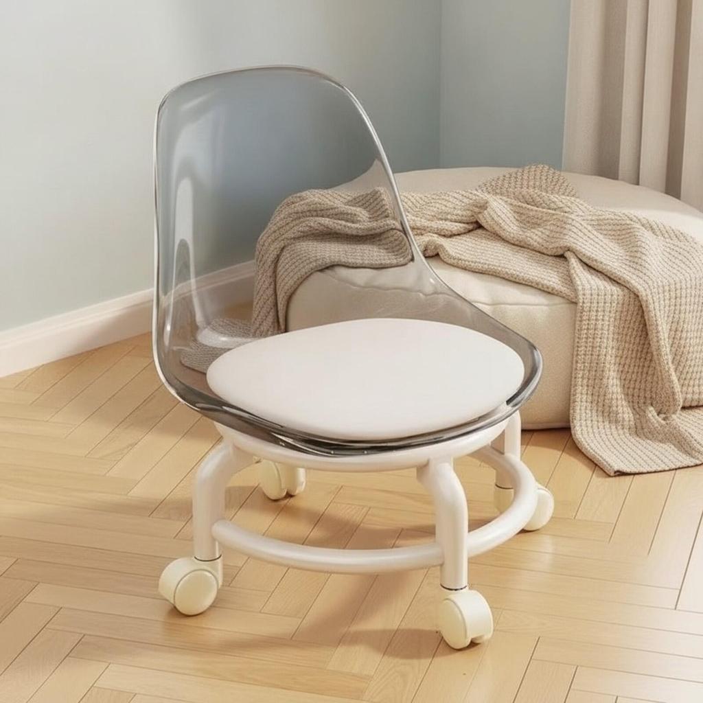 Padded Seat Stool with Caster Wheels | Mobile, Compact Rolling Acrylic Backrest,