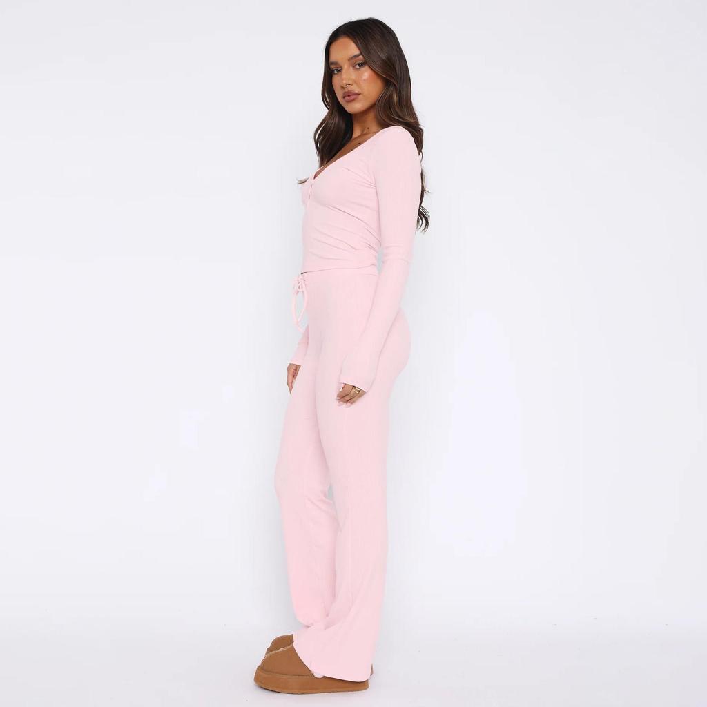 Женский однотонный костюм с длинным рукавом и V-образным вырезом, свободный топ, широкие короткие брюки, осень-зима