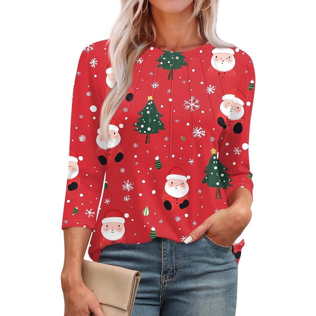 Женская модная футболка с круглым вырезом и рукавом 3/4 с рождественскими принтами, повседневная базовая плиссированная футболка-пуловер