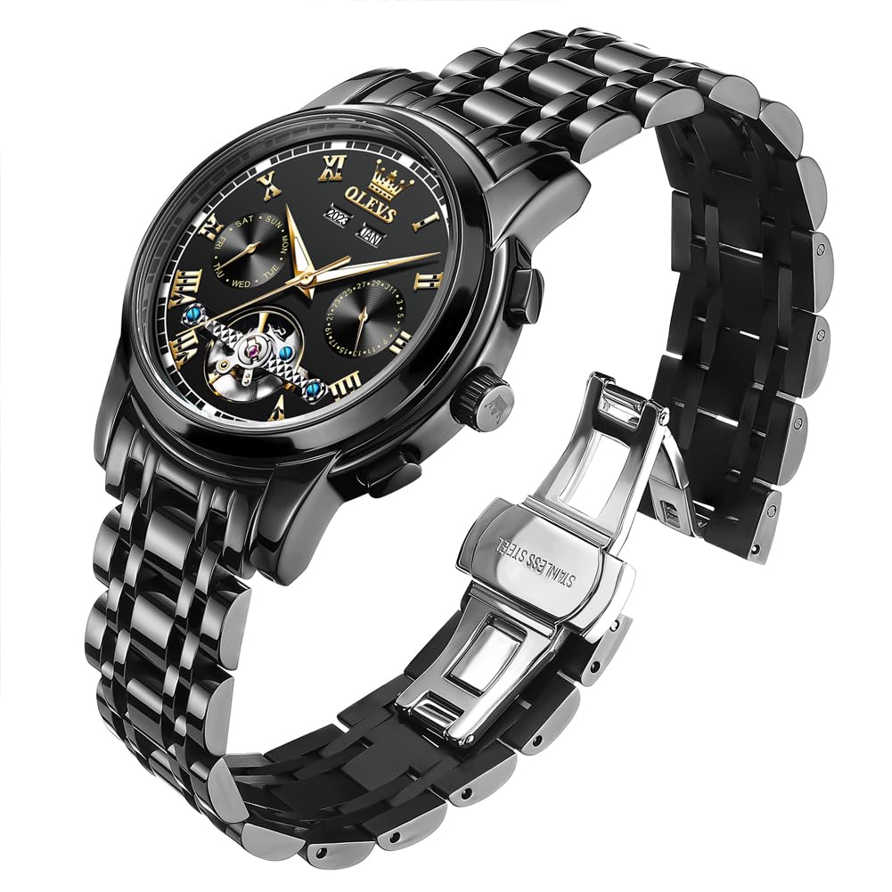 OLEVS наручные часы стильные черные автоматические водонепроницаемые дата светящиеся деловые часы-скелетоны популярный бренд мужские
