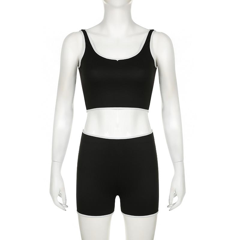 Тонкие комплекты шорт контрастного цвета для женщин. Летние облегающие укороченные топы без рукавов и повседневные спортивные шорты с высокой талией. Комплекты из 2 предметов. Женские наряды.