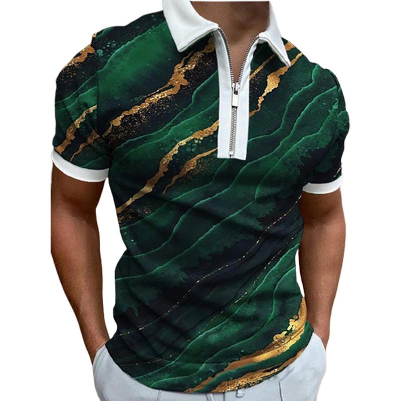 Casual Lapel T-shirt Young Men's Fashion Zipper T-shirt Short Sleeve T-shirt Men's 3D Sea Wave Print T Shirt