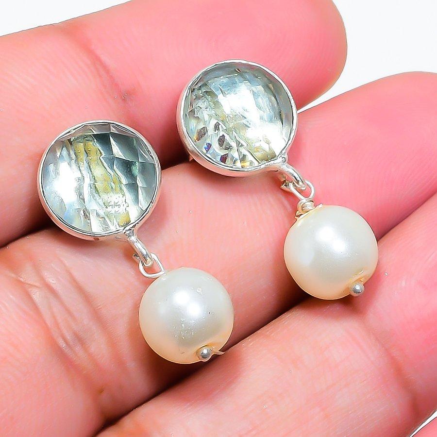 Crystal Quartz, Pearl Gemstone 925 Sterling Silver Jewelry Earring 0.99" KJ-1733