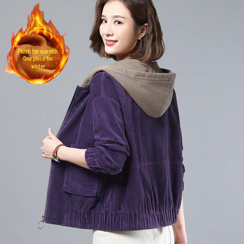 Women's Large Hooded Corduroy Jacket - Arctic Velvet, Autumn/Winter, Loose Fit, Korean Style, Perfect for Middle-aged Moms