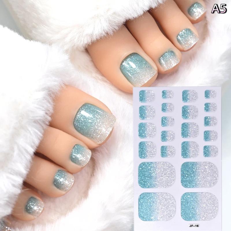 22Pcs/Sheet Toe Nail Sticker Wraps Solid Color Glitter Full Cover Toenail Polish Strips Waterproof No Bake Nail Decals
