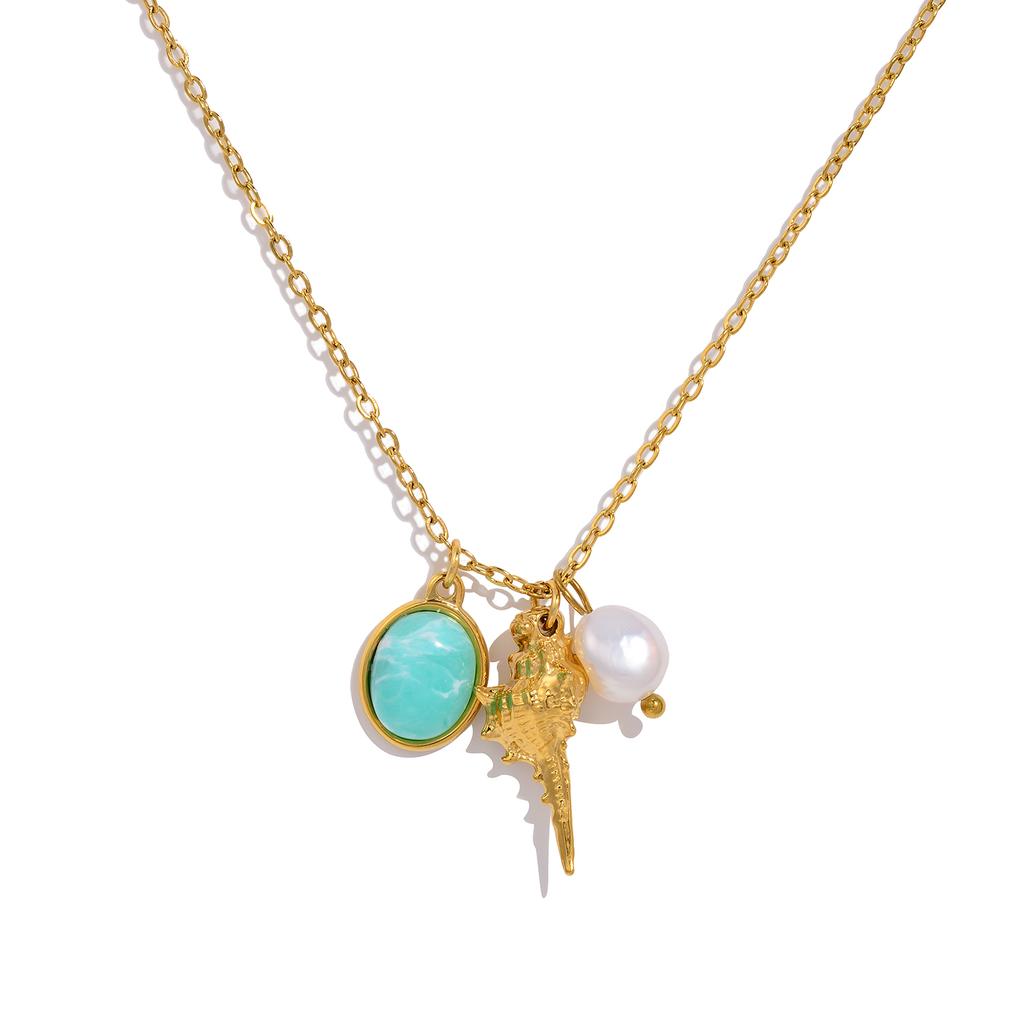 Natural Pearl Conch Pendant Necklace for Women Stainless Steel Waterproof Beach Vacation Trendy Jewelry
