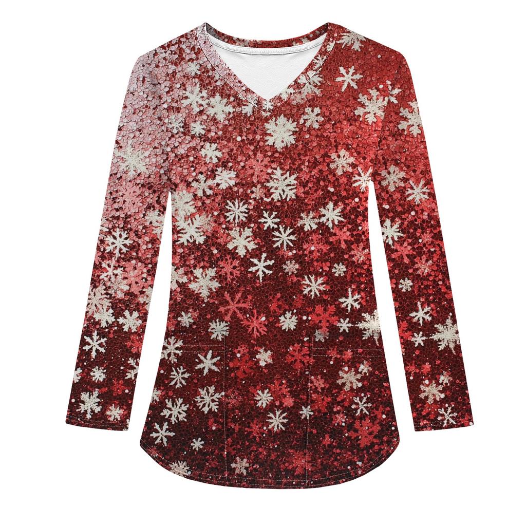 Женская модная рабочая одежда с V-образным вырезом, длинным рукавом и карманом, рождественский принт, футболка, топ
