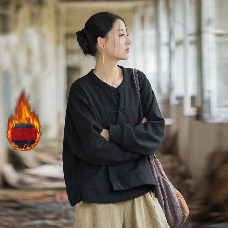 Johnature Women Chinese Style O-Neck Long Sleeve Warm Cloths Winter Solid Color Loose Tops