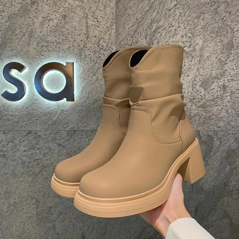 Короткие сапоги в ретро-британском стиле 2024 года, новые осенние сапоги средней длины со складками, минималистичные женские туфли, сапоги на платформе, Zapatos De Mujer