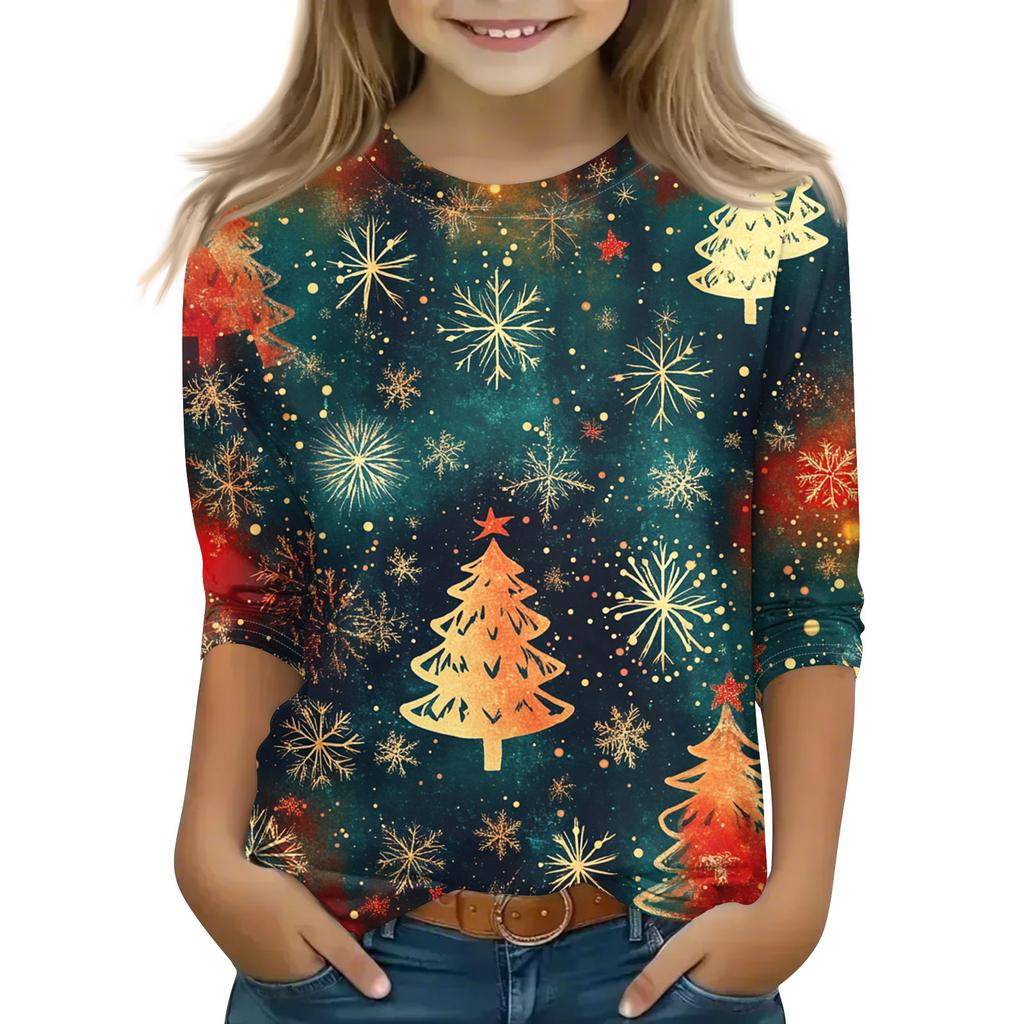 Christmas Day Print Tops For Youth Girls 4-11 Years Round Neck 3/4 Sleeves T-Shirts Trendy Tops Outfit Tees