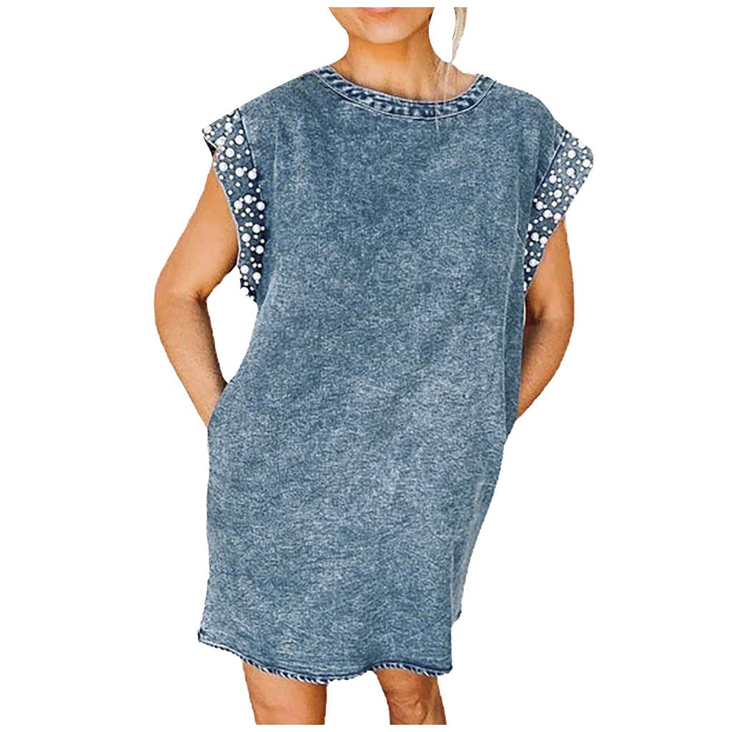 Women Casual Summer Sexy Round Neck Short Sleeve Slimming Loose Denim Dress