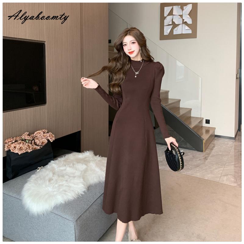 Французский стиль, осенне-зимнее женское платье-свитер миди, с половиной воротником, черное, серое, кофейное, вязаное платье, элегантное женственное трикотажное платье