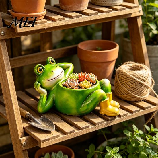 Frog Flower Pot for Succulents Cute Lying Planter, Decorative Resin Plant Pot, Funny Indoor Desk Container Outdoor Small Plants Unique Gardening Gifts