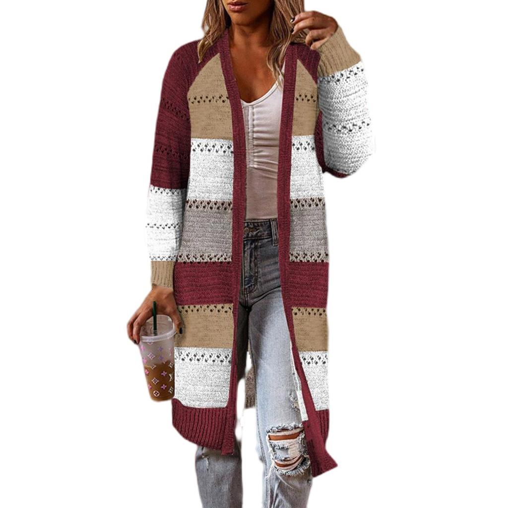 Women's Open Front Block Color Knitted Cardigan Crochet Sweaters Long Sleeve Casual Trendy Outwear