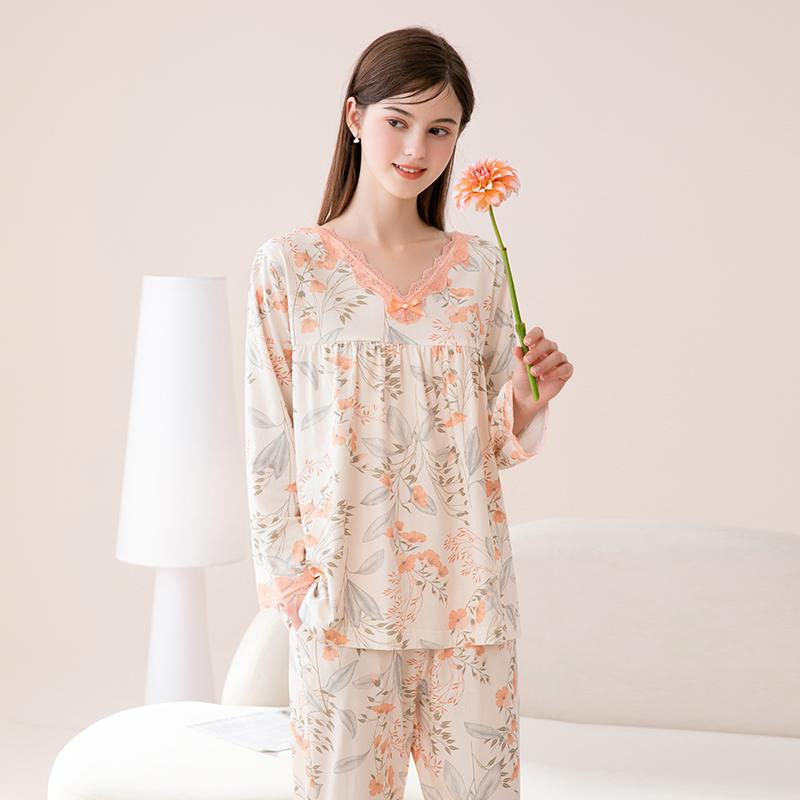 Fenteng [100% pure cotton] lace V-neck Xinjiang cotton home clothes sleepwear women's fresh flowers 26 new styles