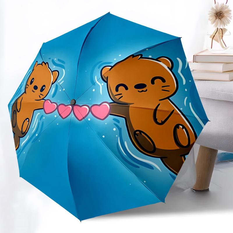 1pc Otters Love Automatic Folding Umbrella - Compact 8-Rib Design, Durable Plastic & Iron, Lightweight for Outdoor Daily Use051