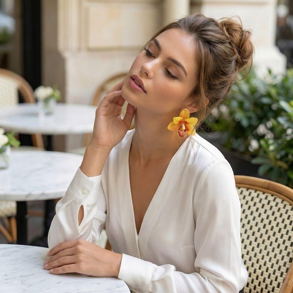 Silver Needle Flower Stud Earrings Epoxy Resin Vacation Style Earrings Women