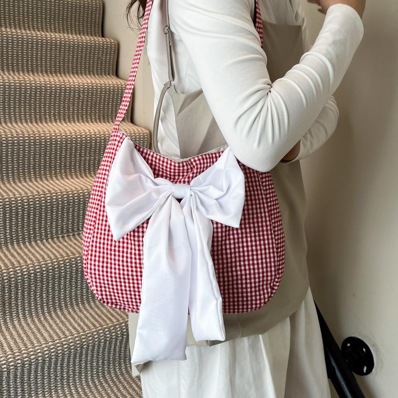 Новая трехмерная сумка через плечо с бантом и клеткой, женская повседневная холщовая сумка большой вместимости для поездок на работу