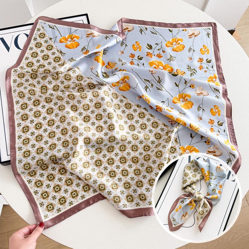 Hangzhou silk women's spring and autumn versatile pink small floral pastoral 71 small square scarf imitation silk scarf thin silk scarf