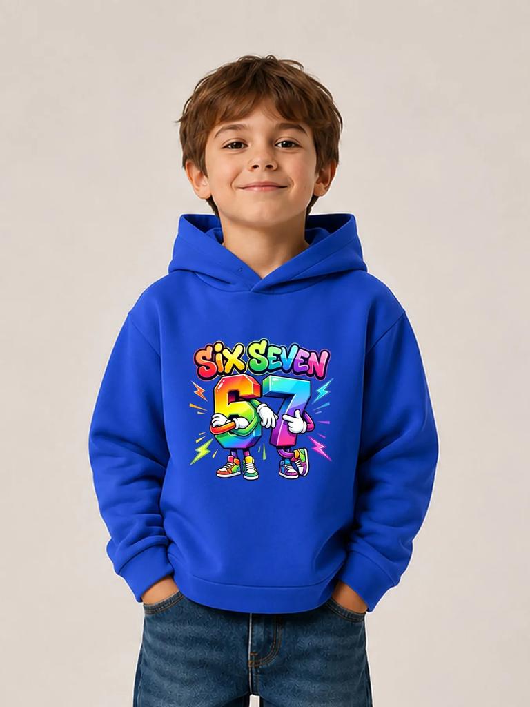 New Autumn/Winter Christmas Boys' Rainbow Pattern Cartoon Hoodie "SIX SEVEN 67" - Trendy Streetwear