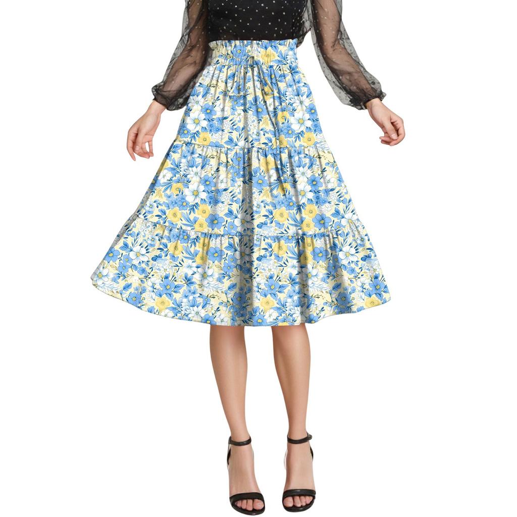 Женская модная юбка свободного покроя с цветочным принтом и эластичным поясом без карманов