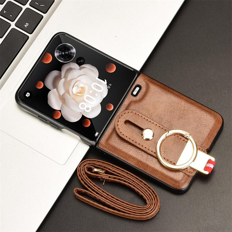 For Honor Magic V Flip Wrist Strap Ring Bracket Phone Holder Case For Honor Magic V Flip Leather style Case Drop-Resistant Cover