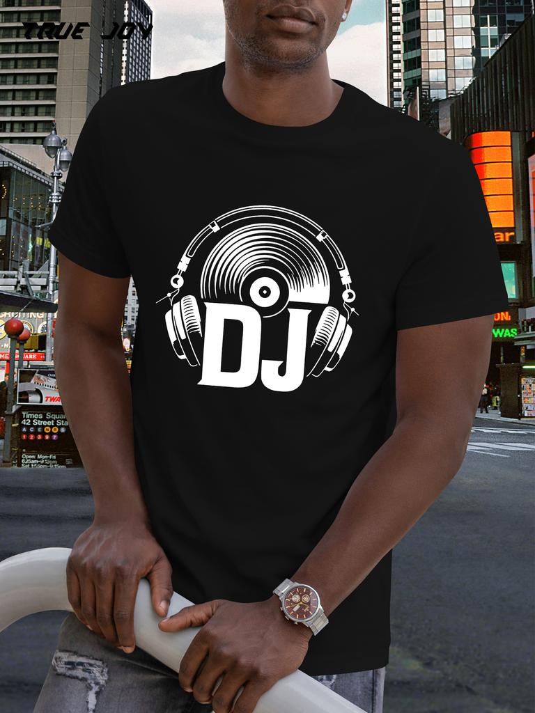 Графическая футболка DJ - Наушники и Жирный Текст DJ - Легкая Дышащая Ткань - Серая с Желтой Печатью - Обычный Крой Футболка Музыкального Продюсера для Клуба